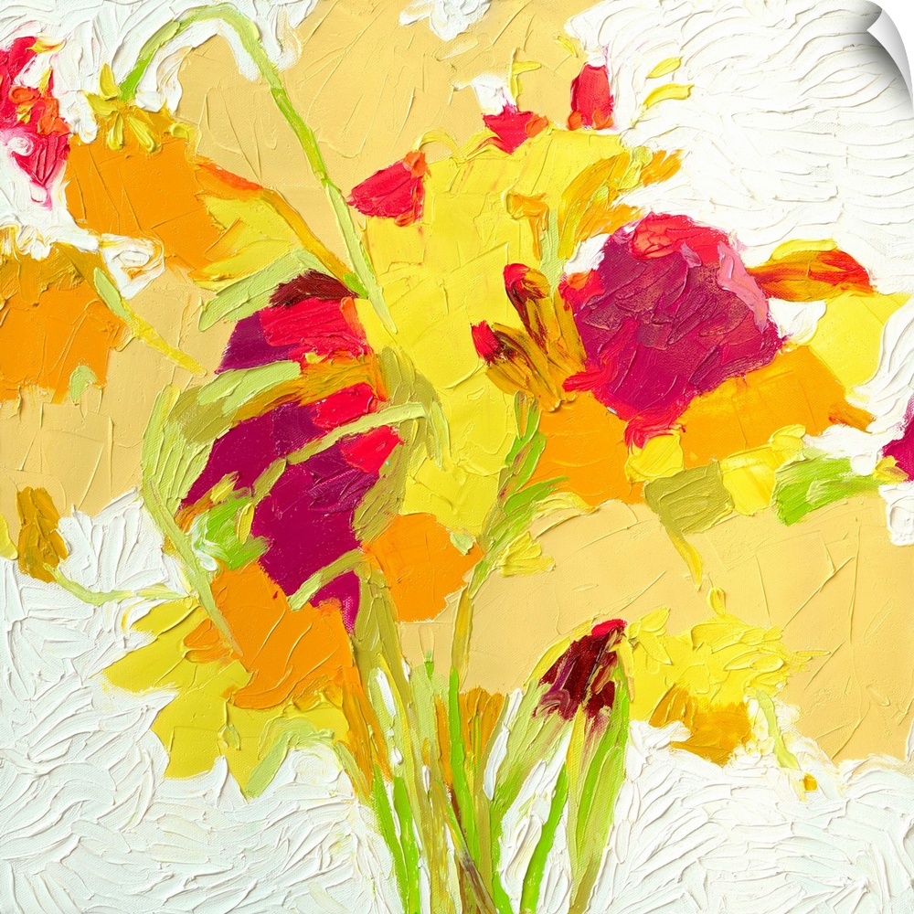 Brightly colored contemporary artwork of a red, yellow, and orange flowers.