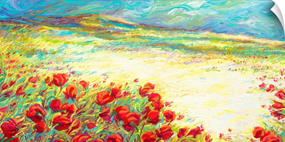 Brightly colored contemporary artwork of a landscape of red flowers.