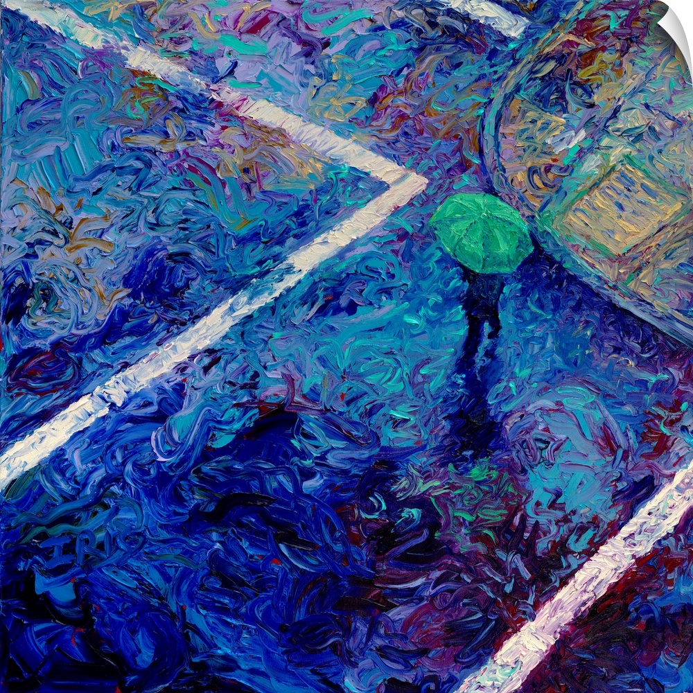 Brightly colored contemporary artwork of a person crossing the road in the rain.