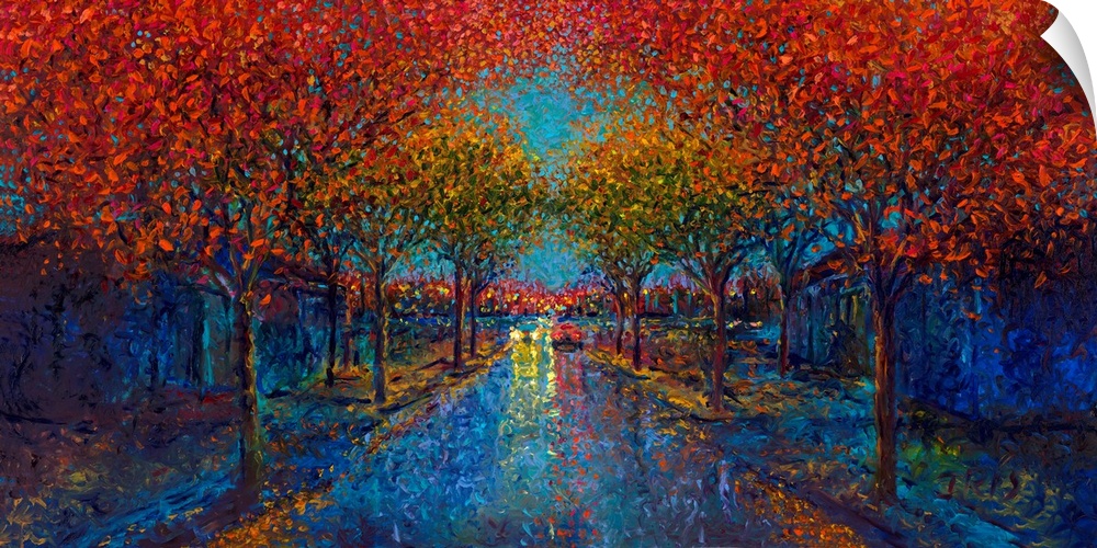 Brightly colored contemporary artwork of a symetrical street lined with trees.