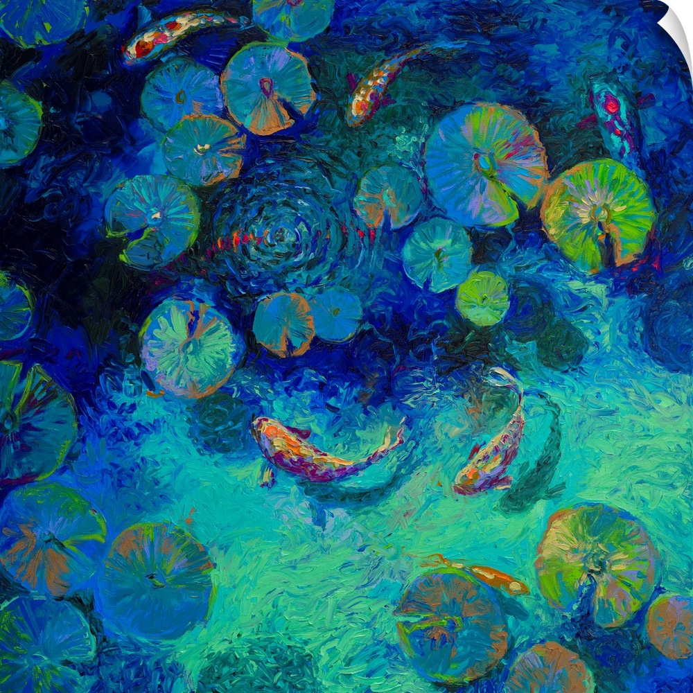 Brightly colored contemporary artwork of a koi fish in blue water.