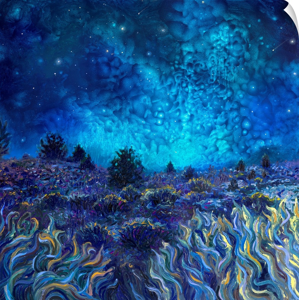Brightly colored contemporary artwork of a field at night.
