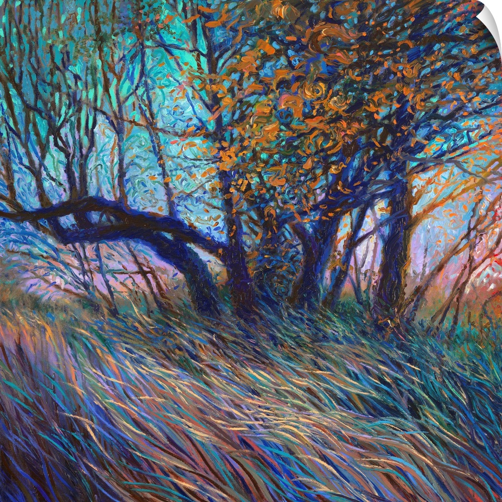 Brightly colored contemporary artwork of a colorful tree in a field.
