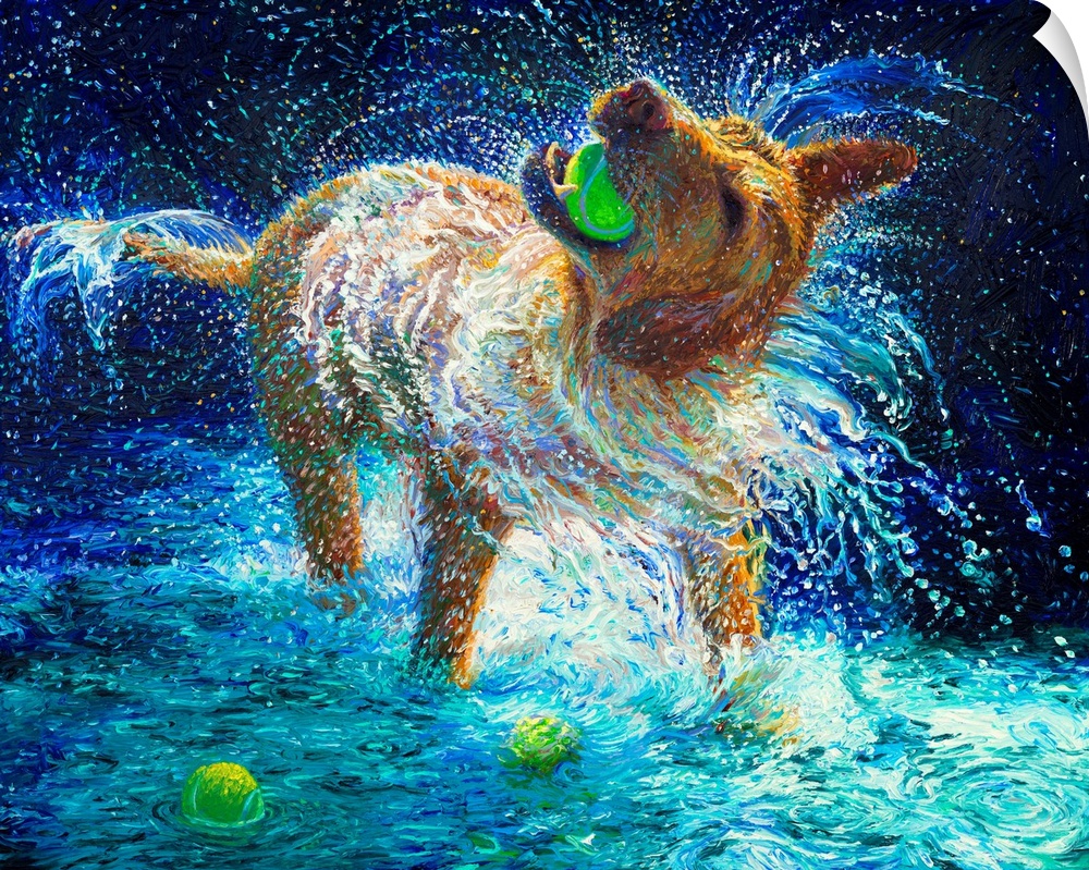 Brightly colored contemporary artwork of a dog with three tennis balls.