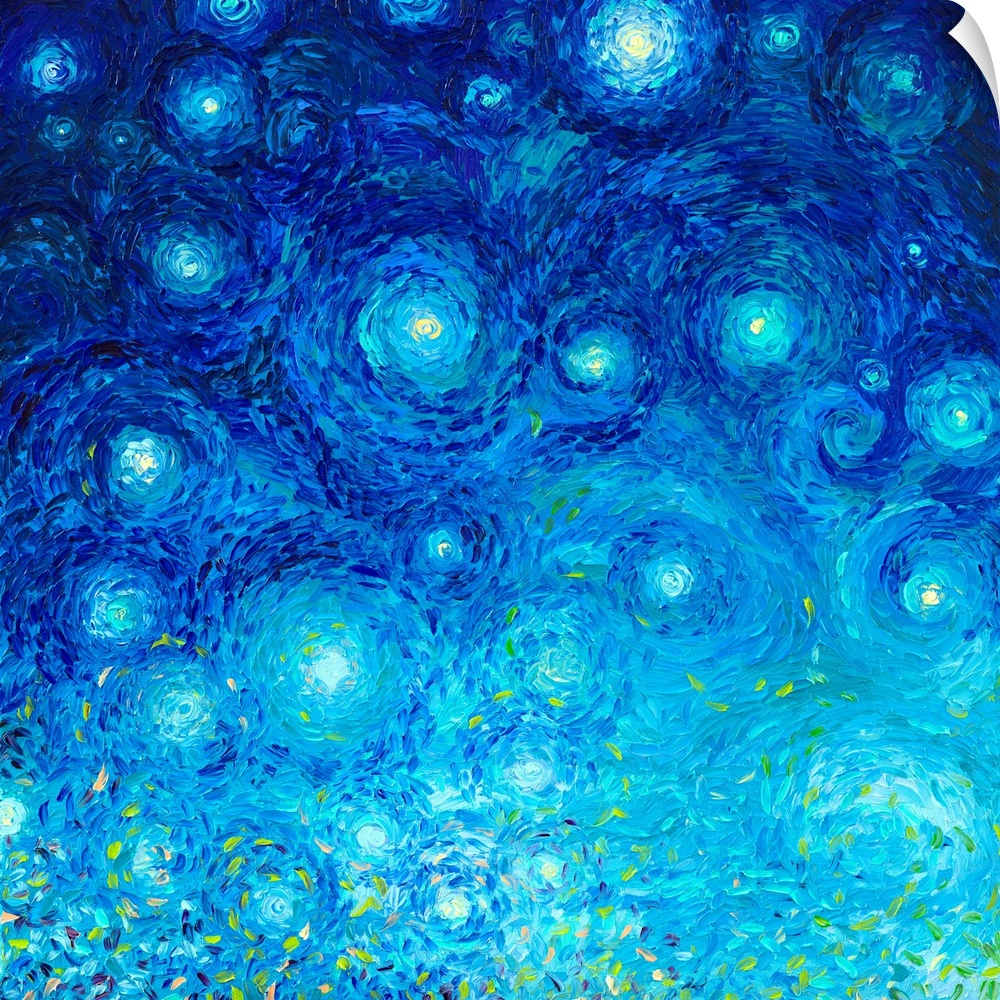 Brightly colored contemporary artwork of an abstract star filled sky.