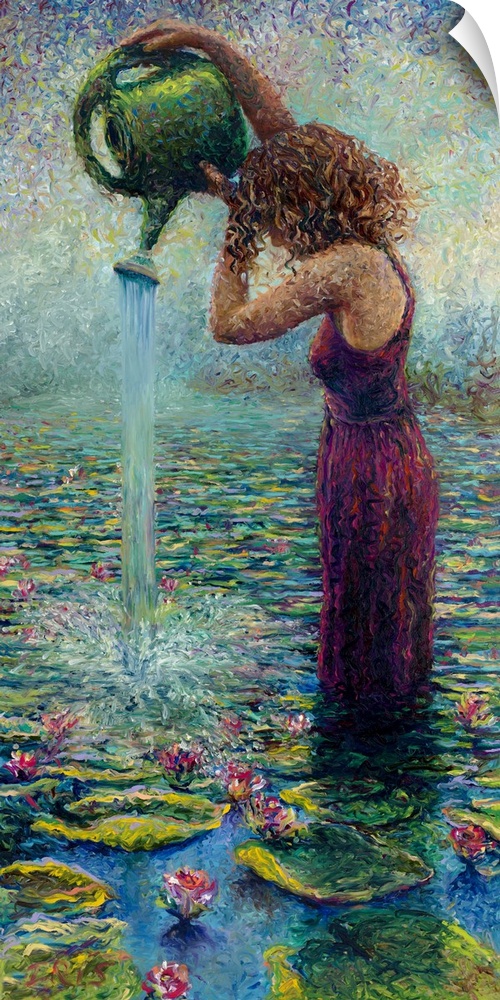 Brightly colored contemporary artwork of a woman watering water lilies.