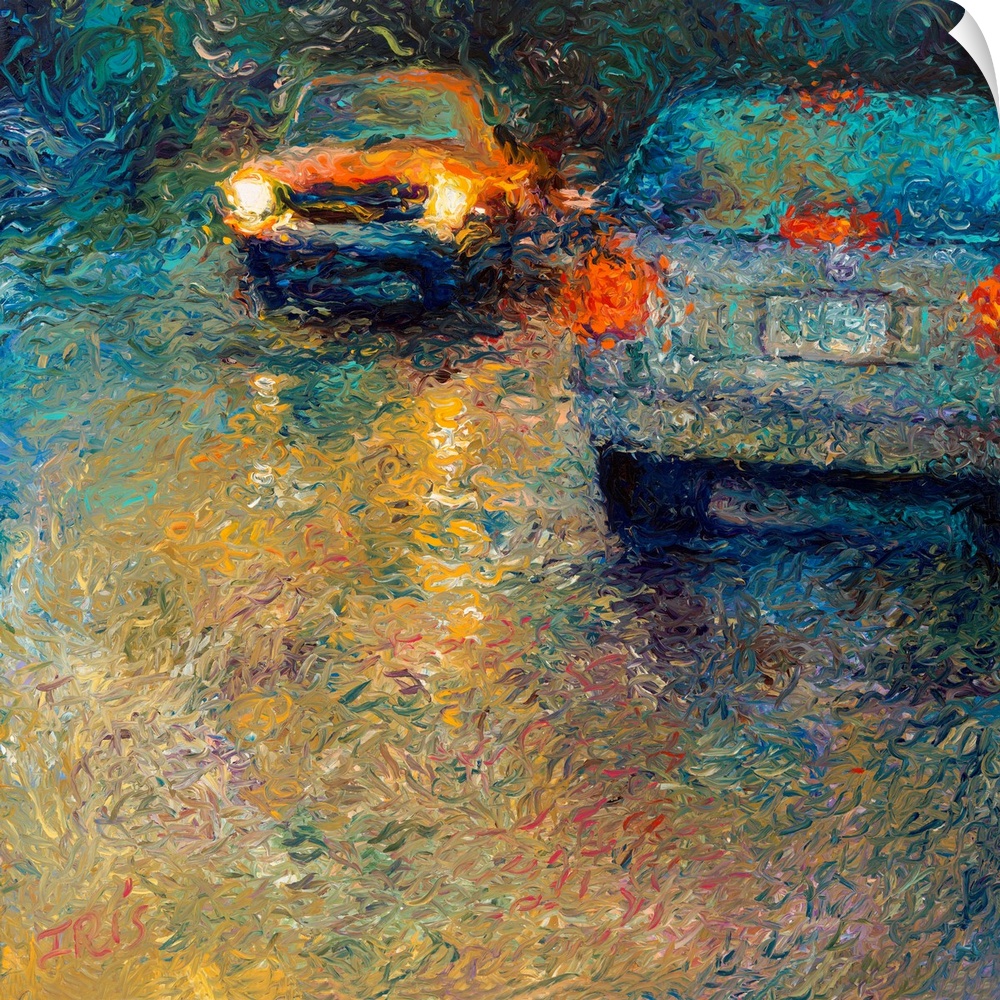 Brightly colored contemporary artwork of a blue and a yellow car passing each other.