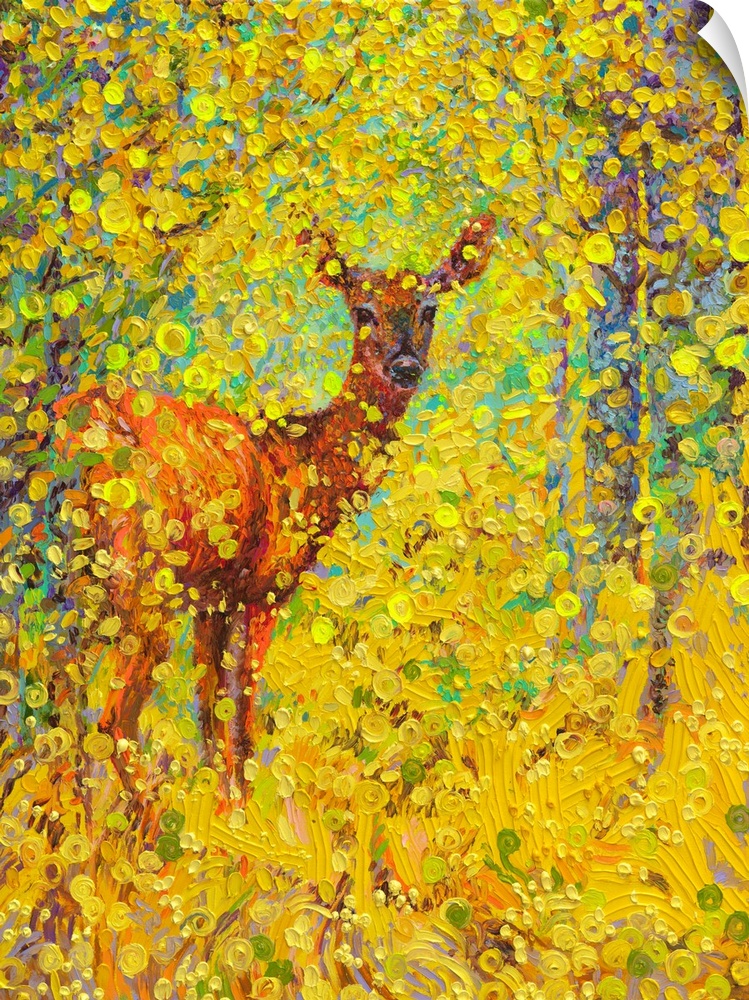 Brightly colored contemporary artwork of a deer in yellow trees.
