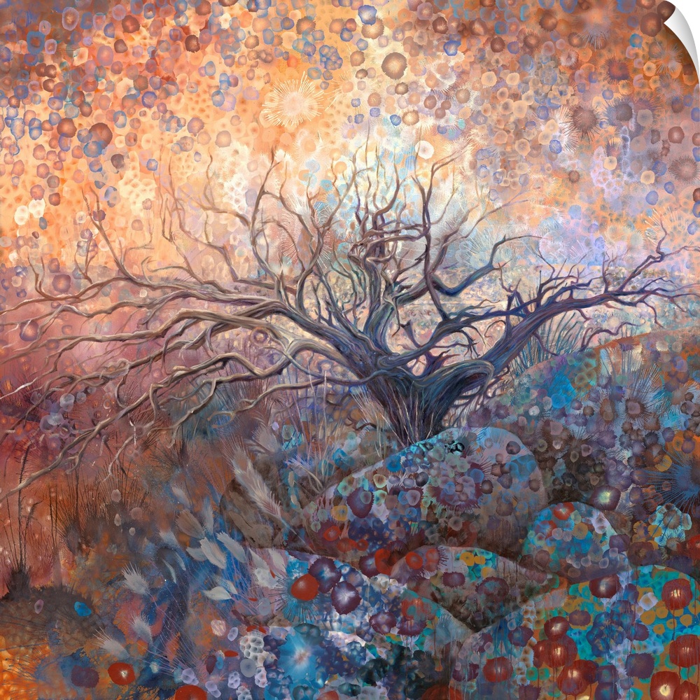 Brightly colored contemporary artwork of a single wychwood tree.