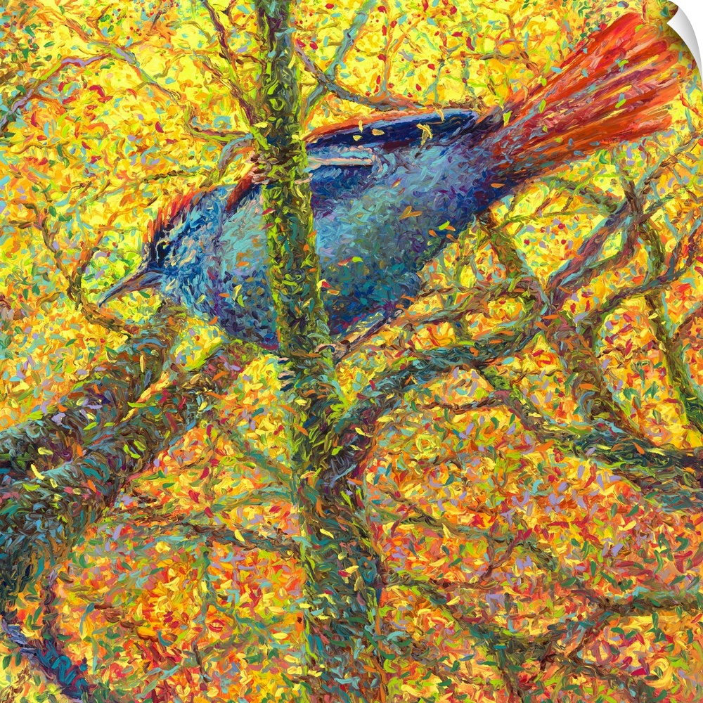 Brightly colored contemporary artwork of a bluebird in a tree full of yellow leaves.
