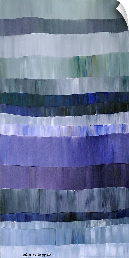 Abstract painting of horizontal layers in varying shades of grey and blue.