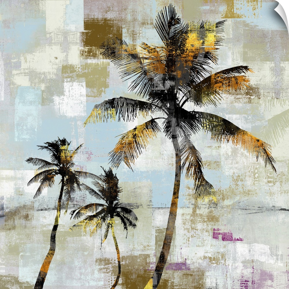 Artistic artwork of a group of black palm trees with gold accents and a background of varies colored patches.