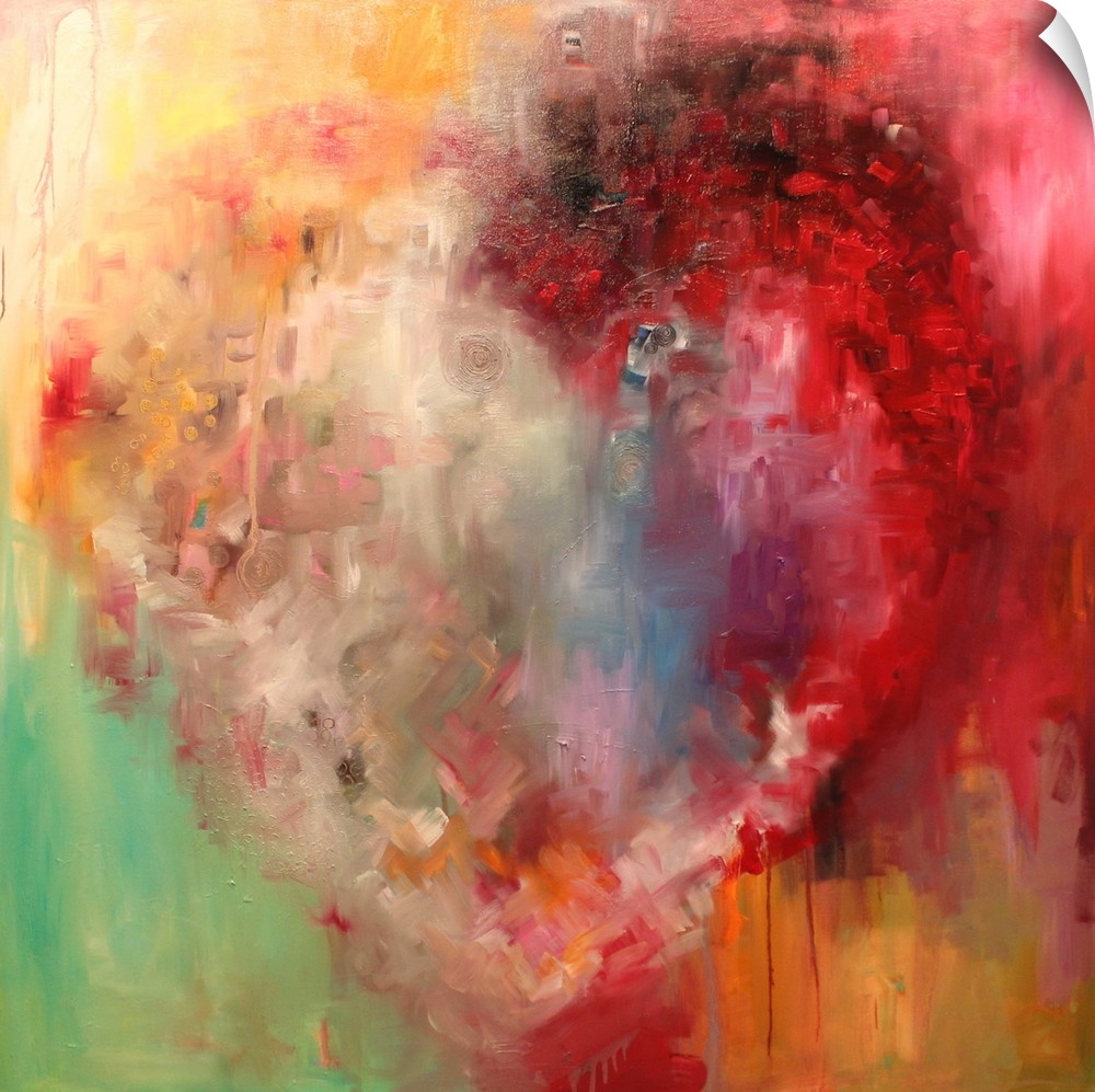 Abstract painting in red and yellow, with a vague heart shape.