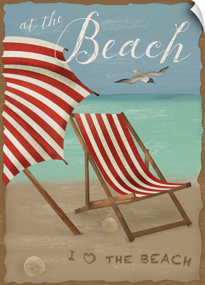Illustration of a red and white striped beach chair and matching umbrella on the beach.