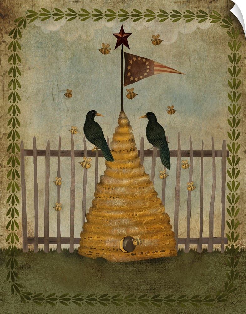 Illustration of a beehive with two birds near a fence.