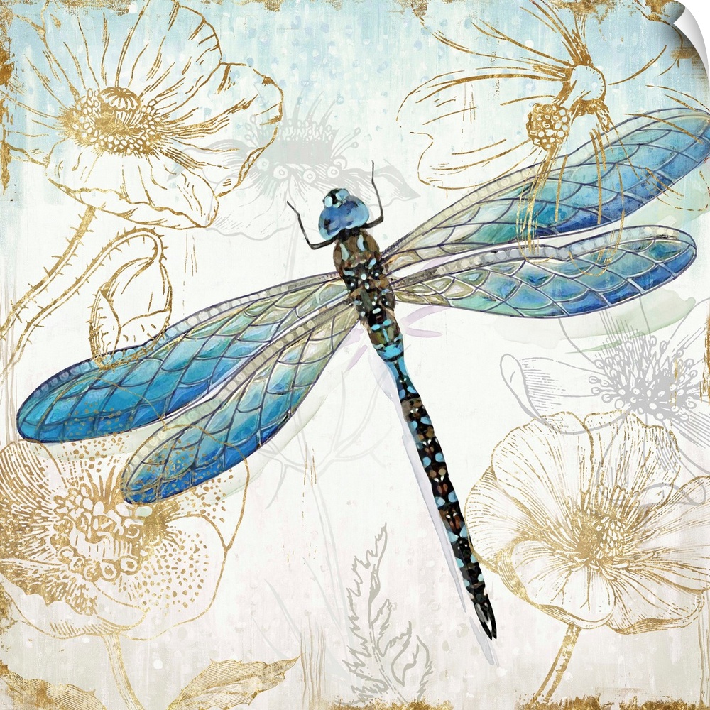 A decorative watercolor dragonfly in shades of blue and green on a floral metallic gold design.