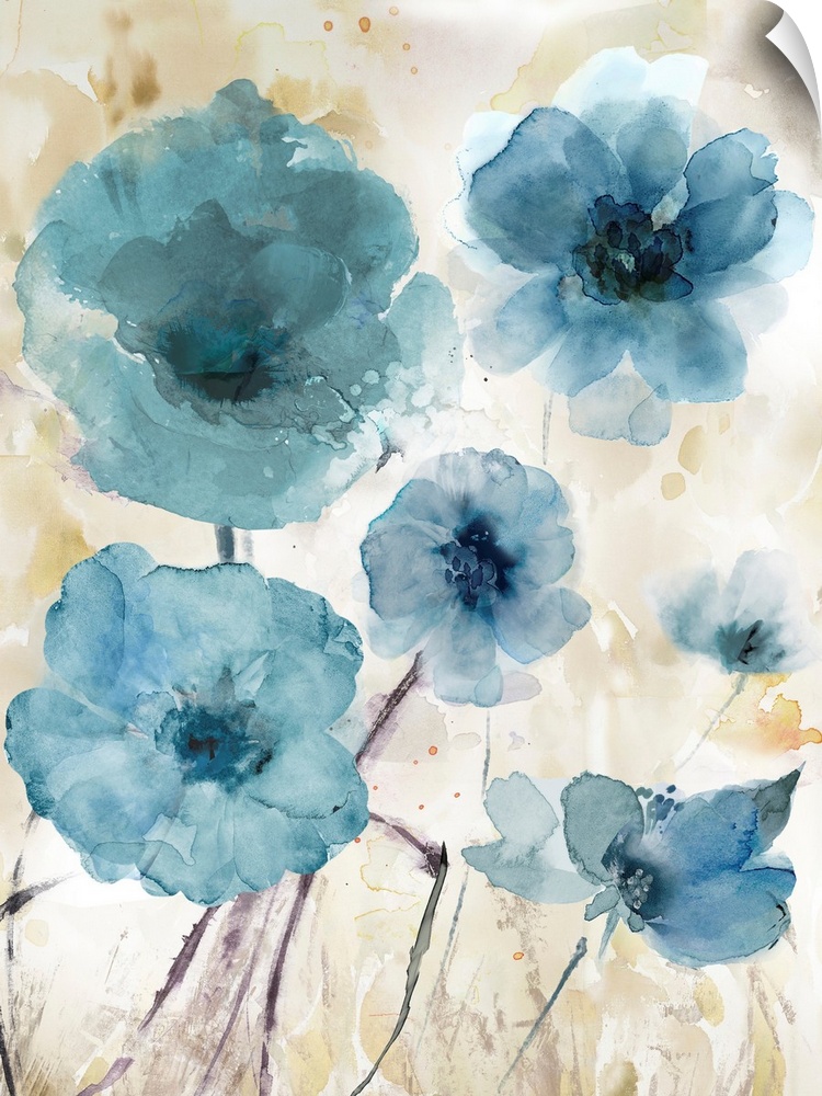 Blue Flowers Beige Background