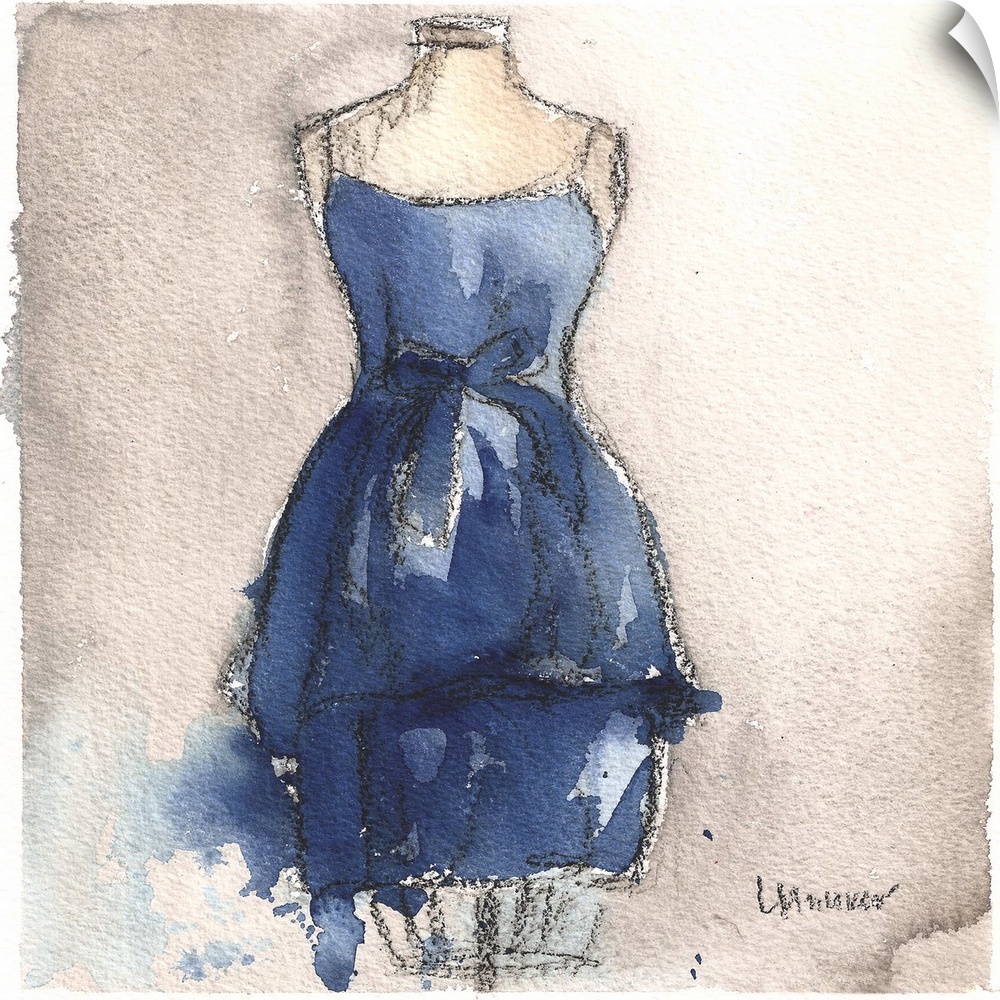 Watercolor painting of a blue dress on a dress form.