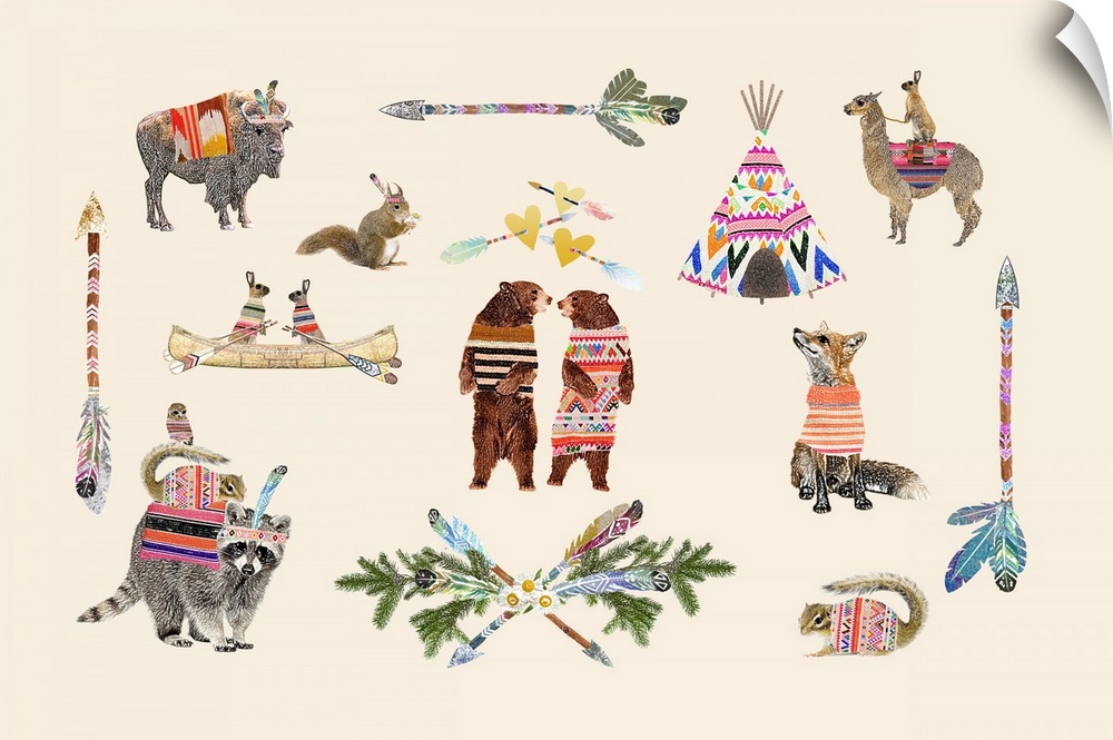 Illustration of a variety of woodland creatures wearing sweaters on a linen background.