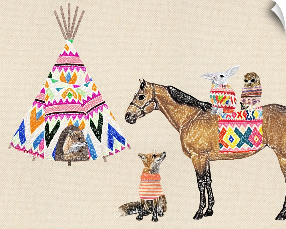 Illustration of woodland creatures wearing sweaters with a tepee and horse on a linen background.