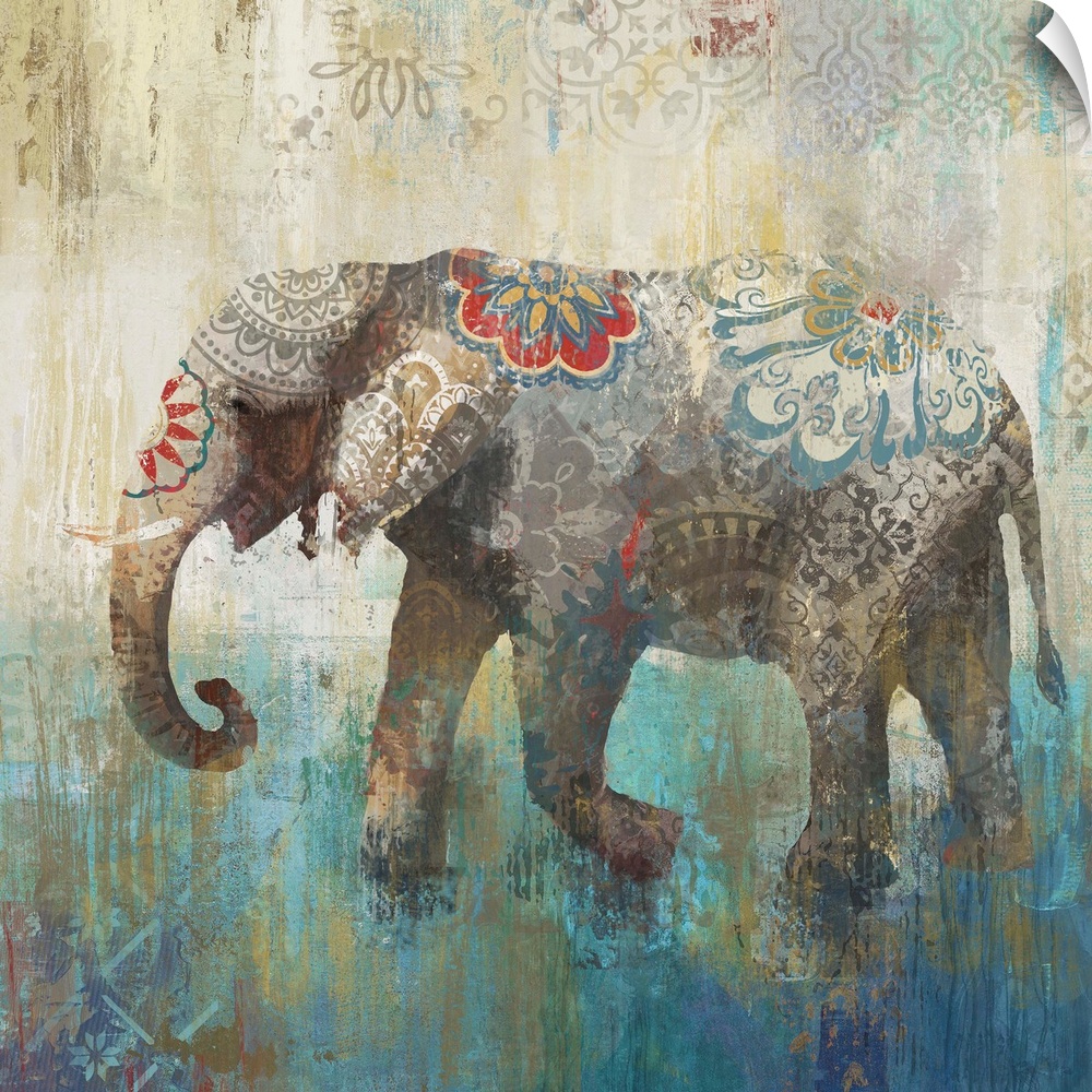 Decorative artwork of an elephant with tusk with a distressed overlay of colored brush strokes and floral designs.
