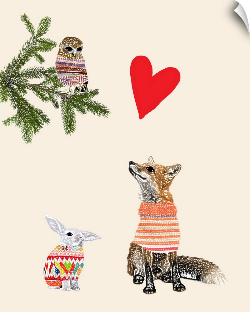 Illustration of a fox, rabbit and owl wearing sweaters, and a red heart above.