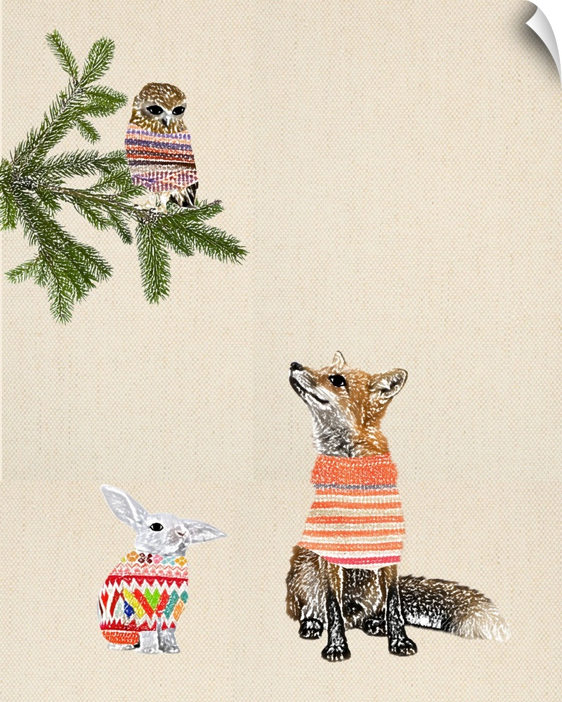 Illustration of a fox, rabbit and owl wearing sweaters on a linen background.