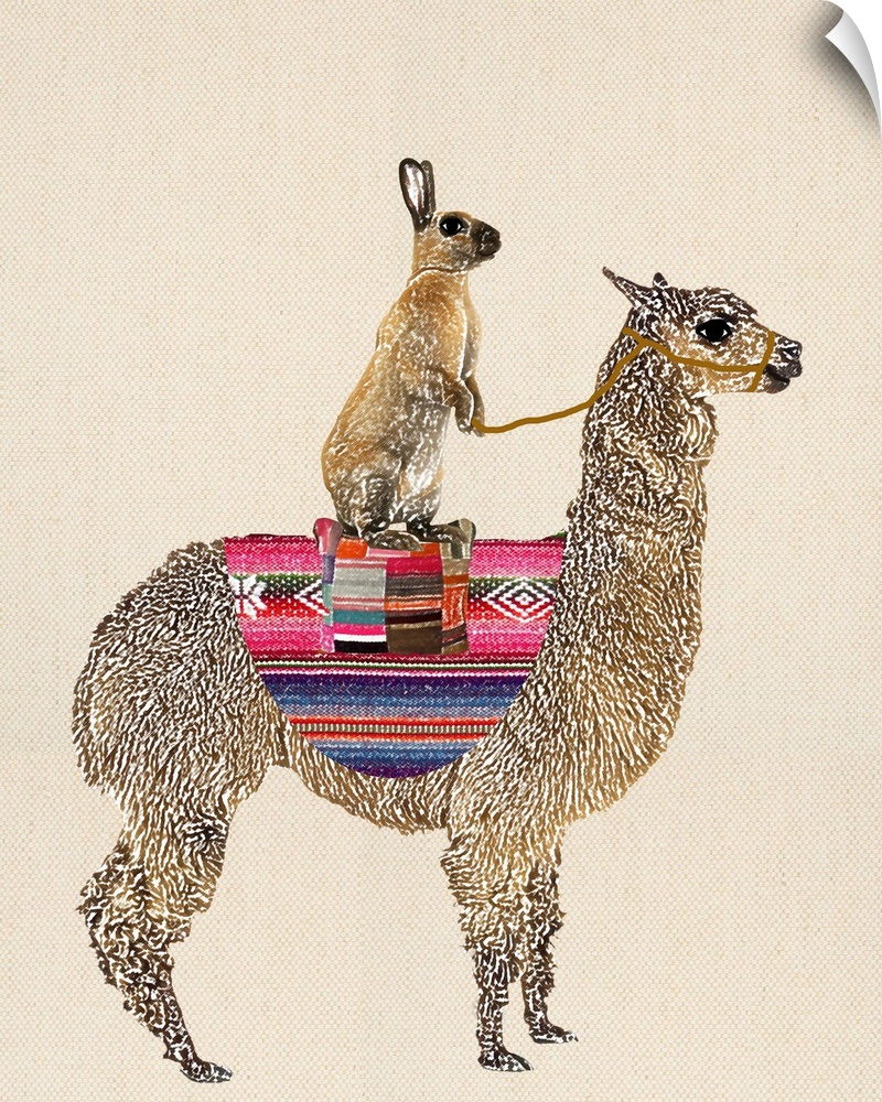 Illustration of a brown rabbit sitting on a Llama with a linen background.