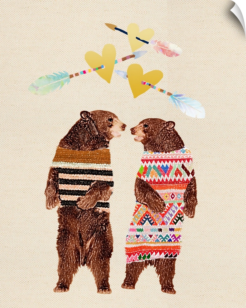 Illustration of a two brown bears wearing clothes facing each other, with arrows and hearts above them on a linen background.