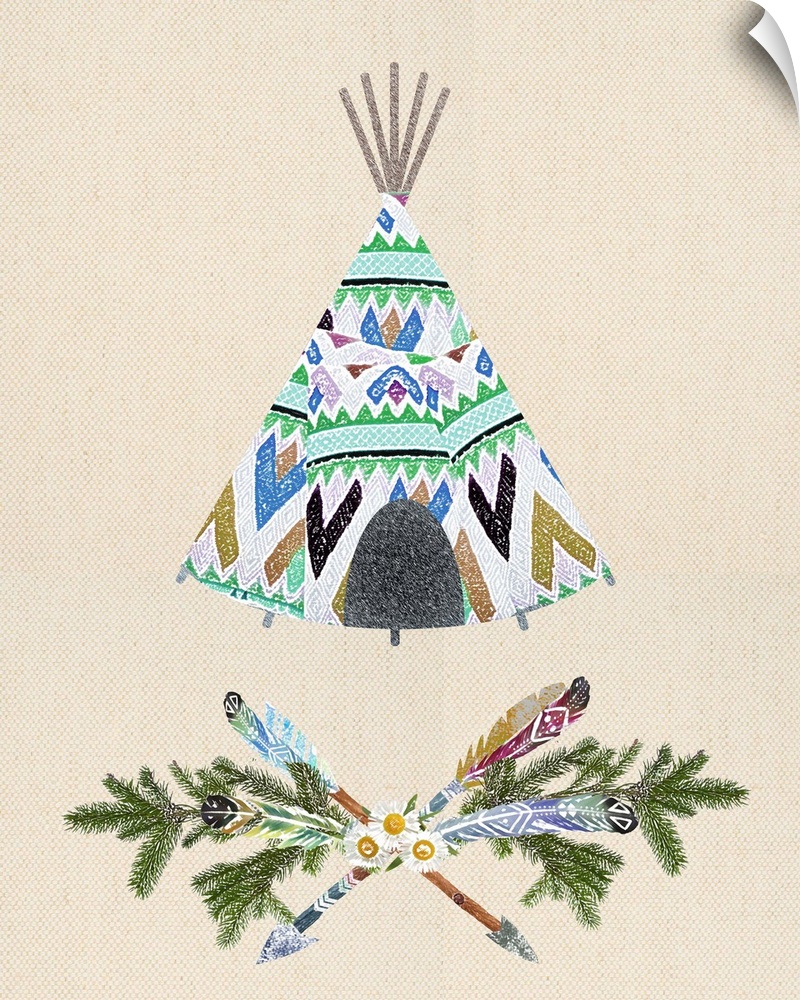 Illustration of a colorful tepee in blue shades on a linen background.