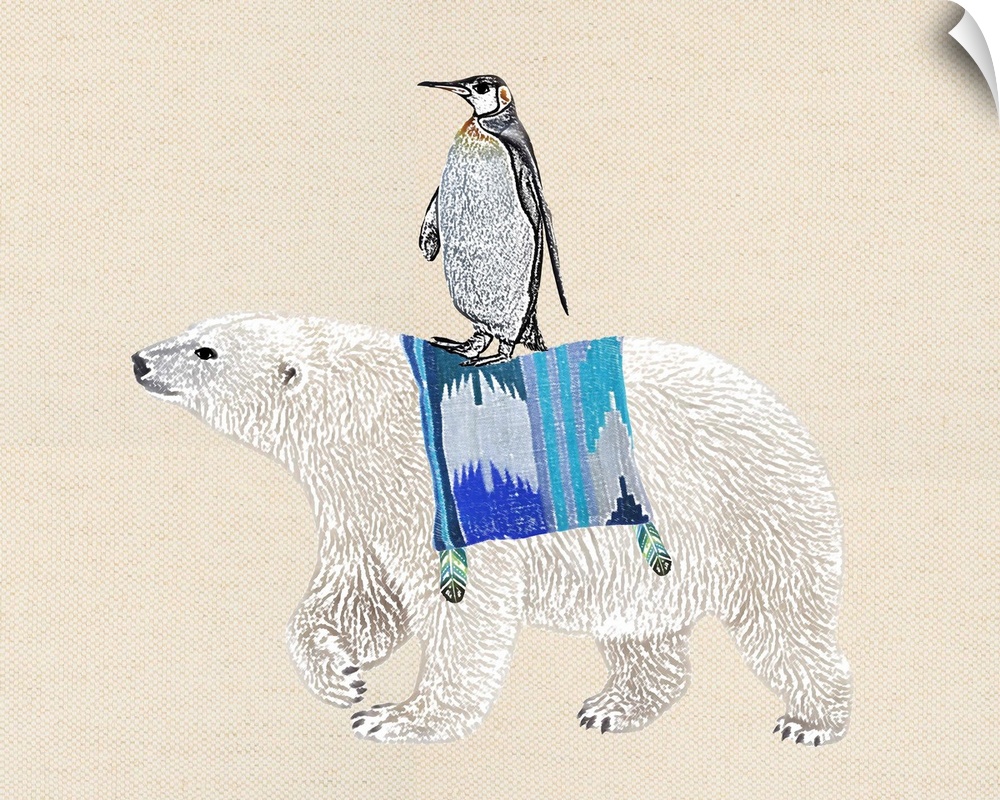 Illustration of a penguin riding the back of a polar bear on a linen background.