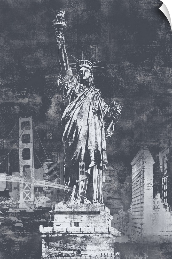 A large decorative image of the Statue of Liberty and other New York landmarks behind it, done in a distressed gray finish.