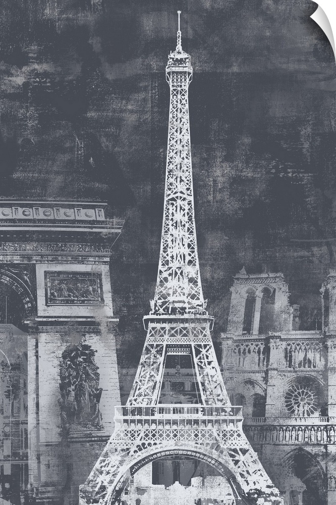 A large decorative image of the Eiffel Tower and other Paris landmarks behind it, done in a distressed gray finish.
