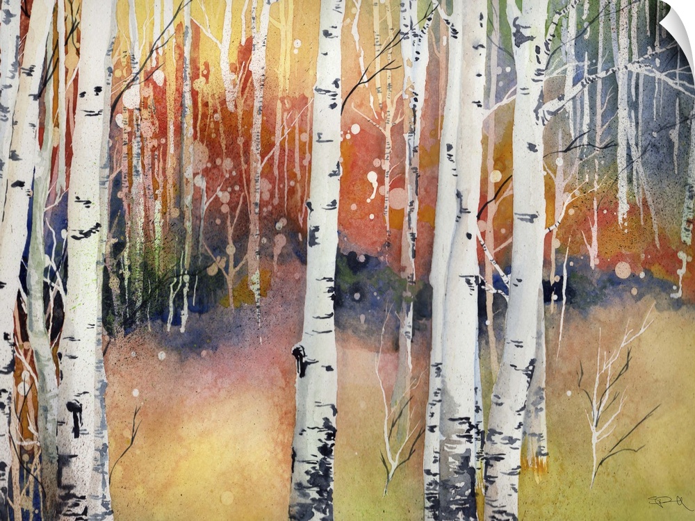 Painting of an aspen forest in fall colors.