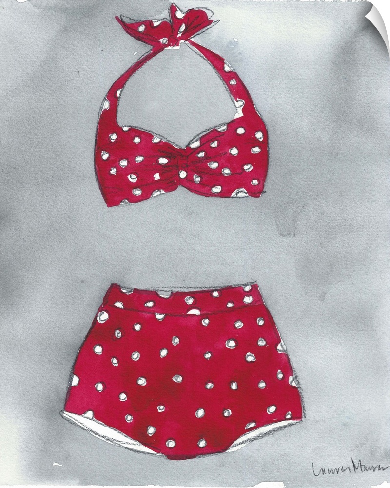 Watercolor painting of a red bikini with white polka dots.