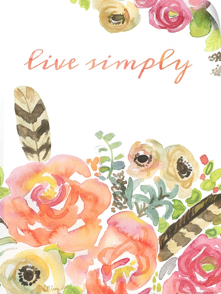 Inspirational sentiment with watercolor flowers and striped feathers.