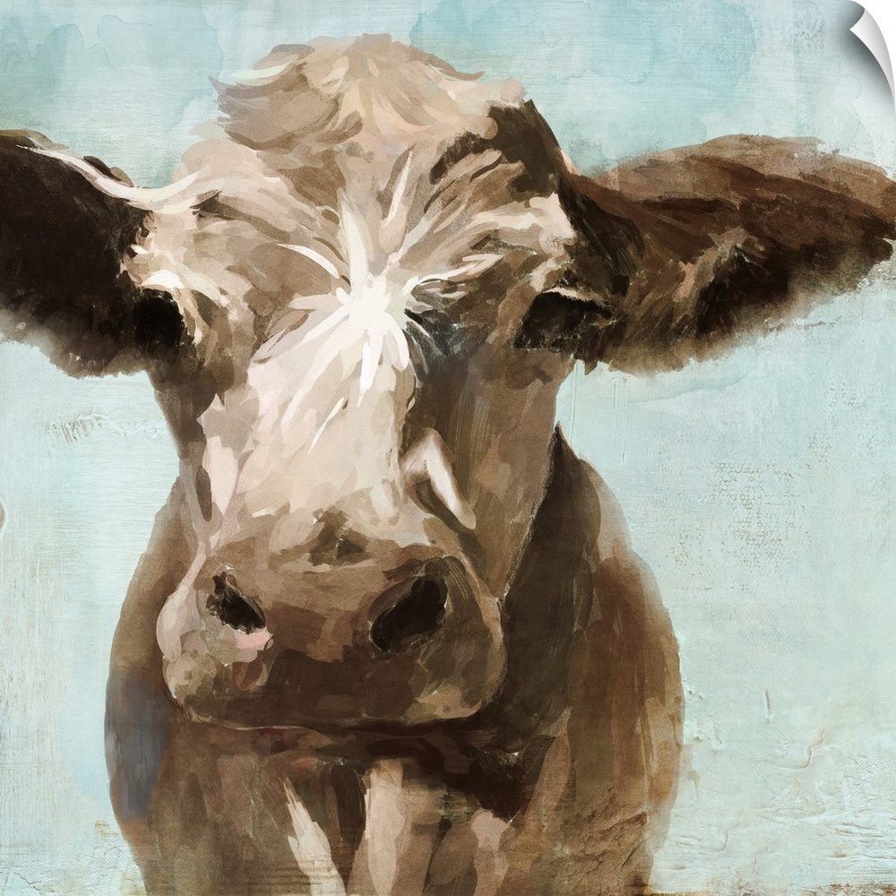 A contemporary painting of a brown cow on a pale blue background.