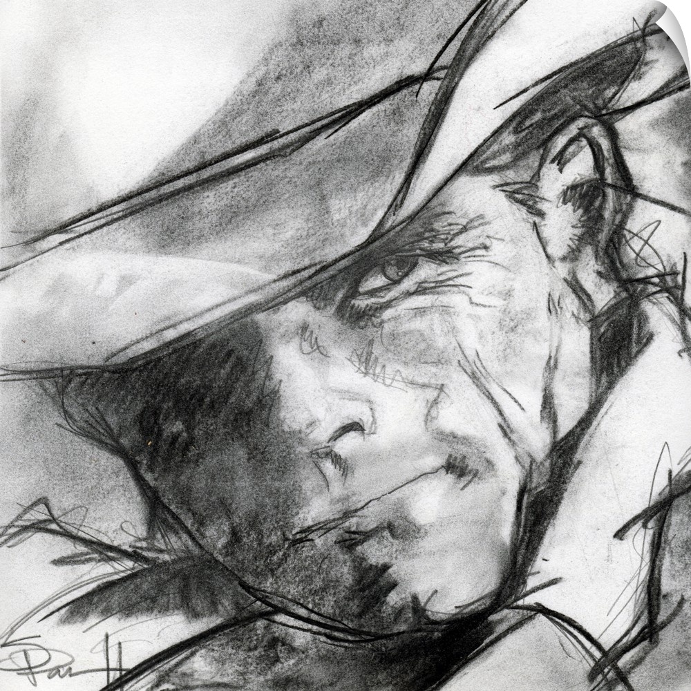Black and white sketch of a cowboy's face.