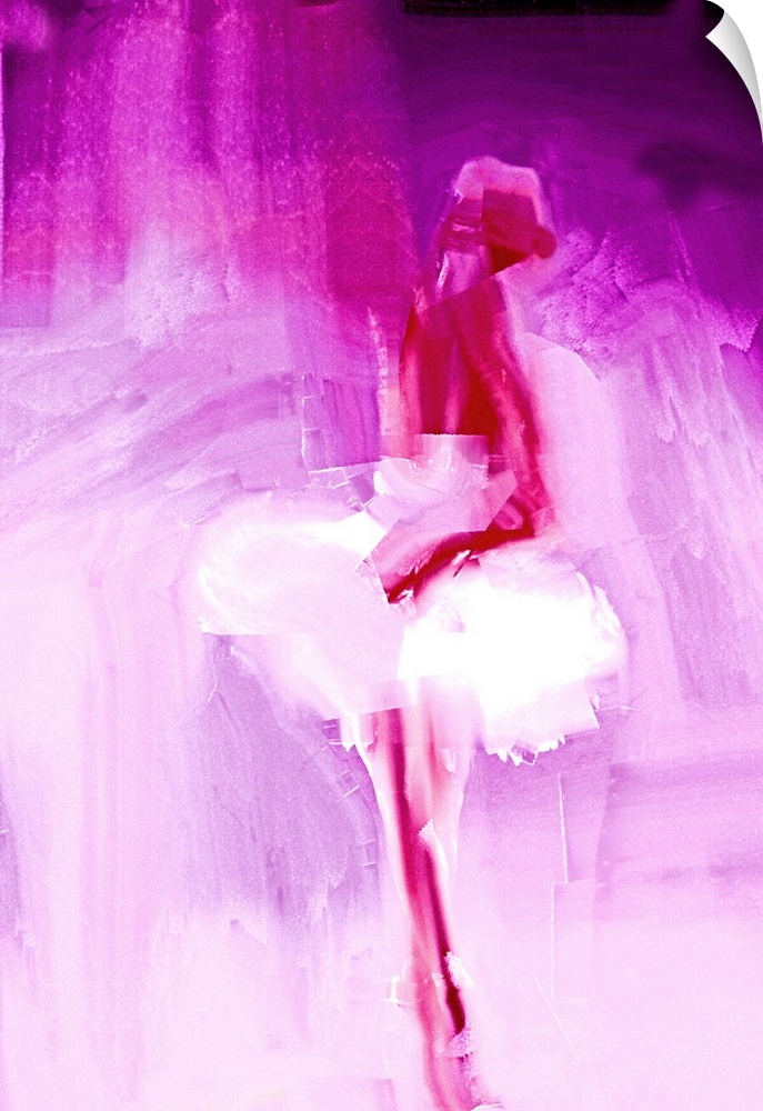 Painting of a ballerina wearing a white dress, in shades of deep pink.