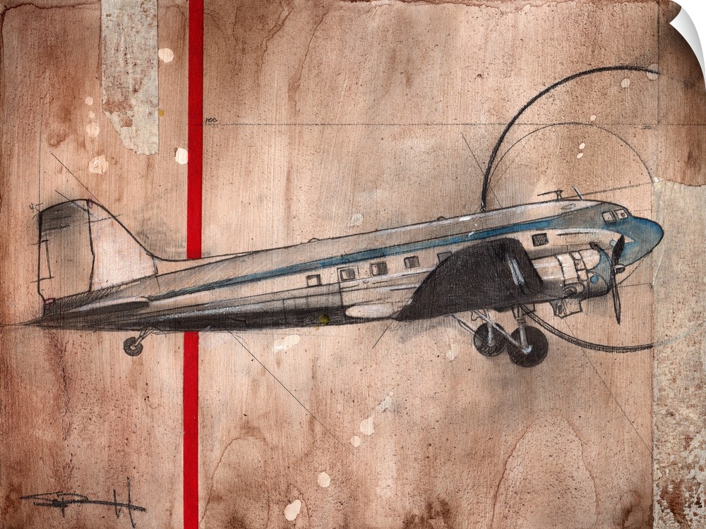 Painting of an airplane on a textured brown background.