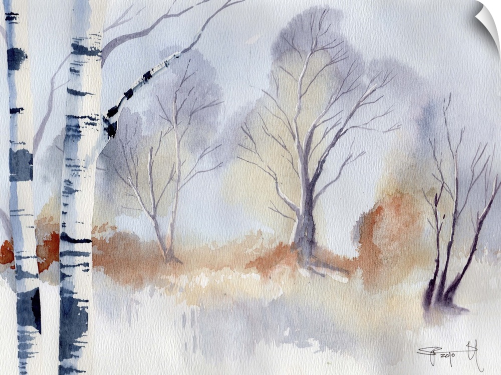 Watercolor painting of a snowy landscape with birch trees.