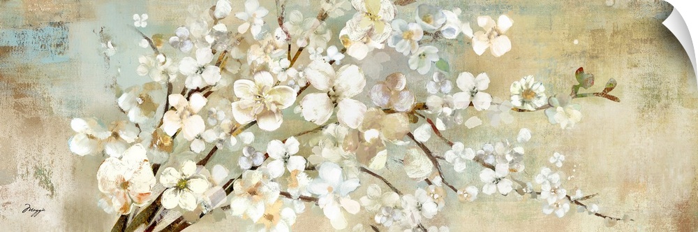 A panoramic painting of a branch of white blossoms against a neutral backdrop.