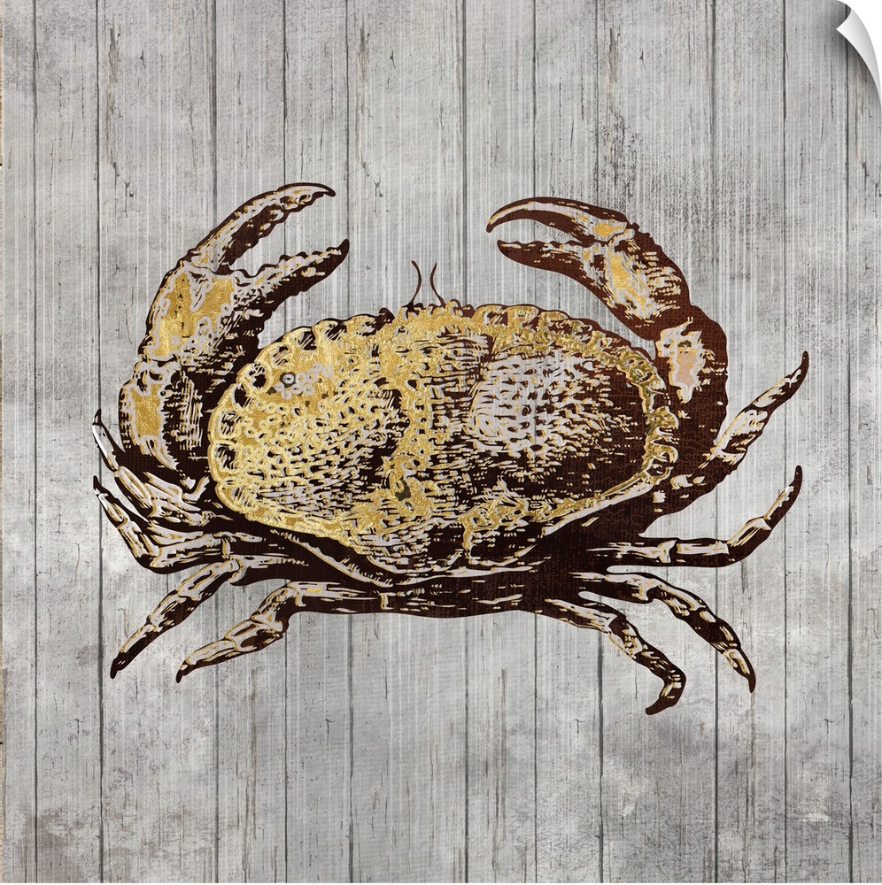 A decorative image of a crab with gold accents on a gray wood backdrop.