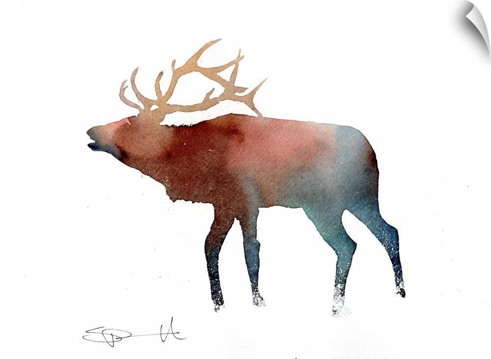 Watercolor painting of an elk silhouette.
