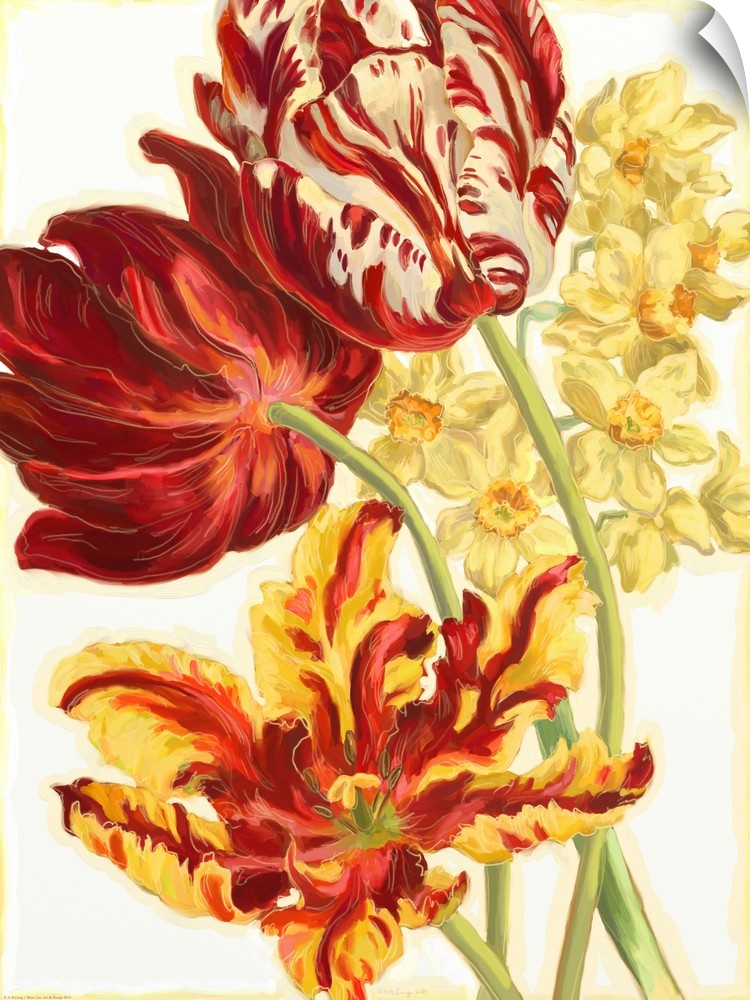 Watercolor artwork of fiery red and yellow tulips.