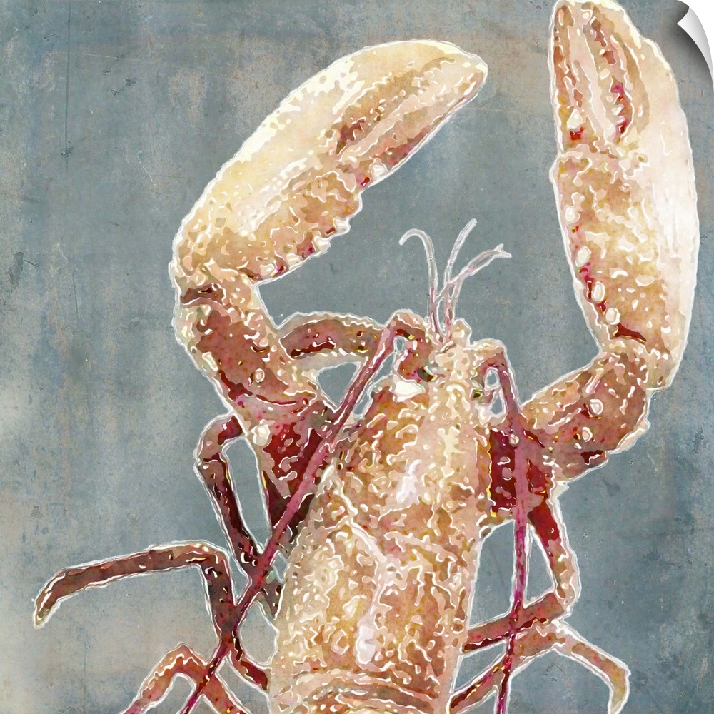 Watercolor painting of a lobster with large claws.