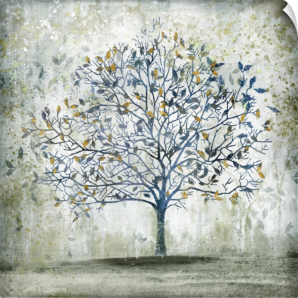 A decorative image of a blue tree with accents of gold leaves with a distressed overlay.