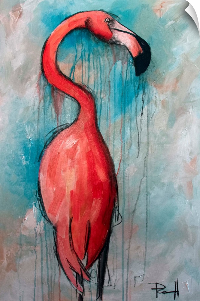 Painting of a pink flamingo standing tall.