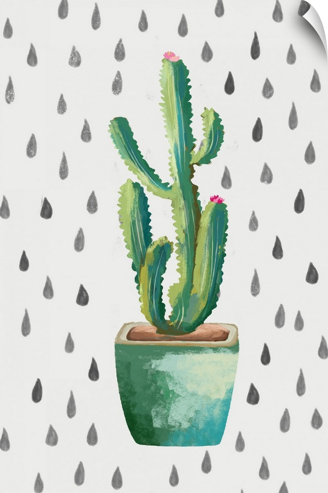 Creative artwork of a blooming cactus in a teal flowerpot on a white background with small teardrop shapes.