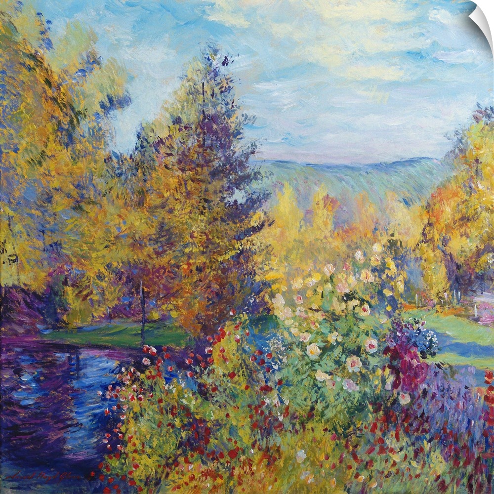 Painting of a garden with blooming trees and a pond in an impressionist style.